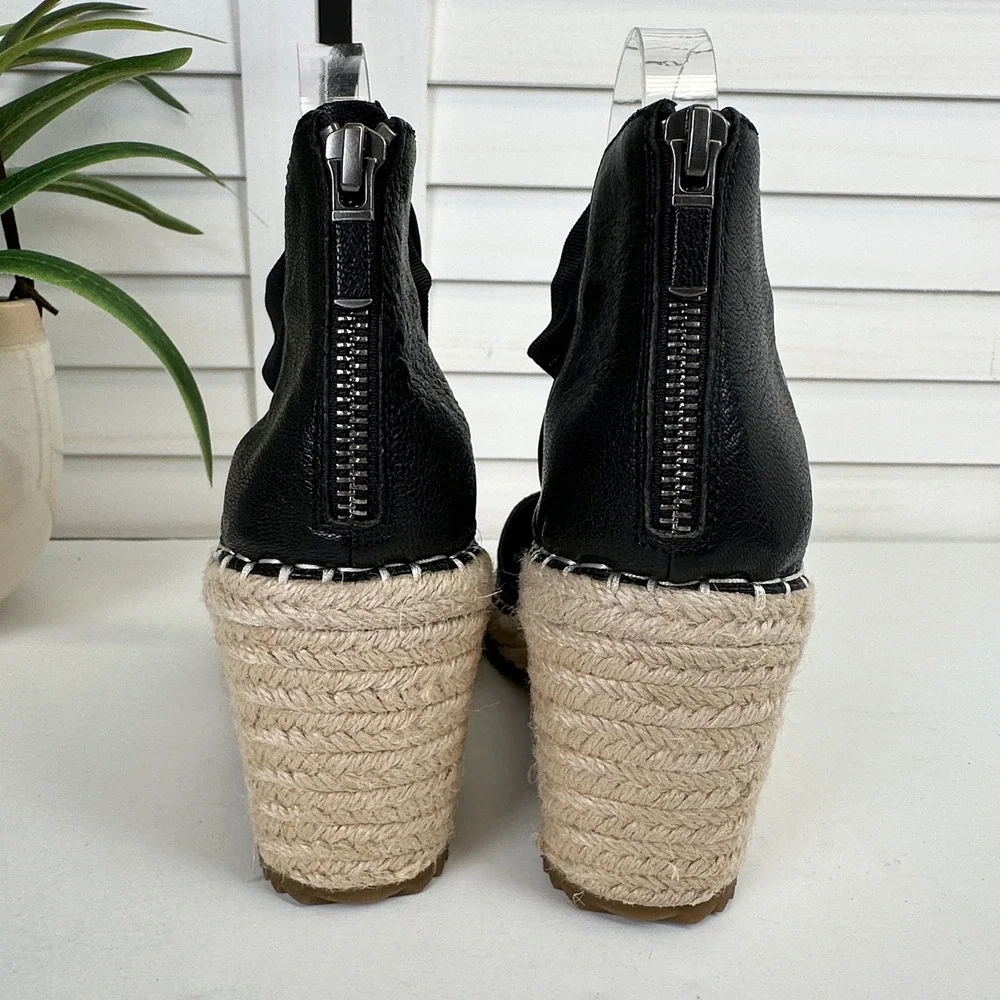 Eileen Fisher Black Wallis Espadrille Wedge Sandals Ankle Wrap Zip Shoe Size 9.5